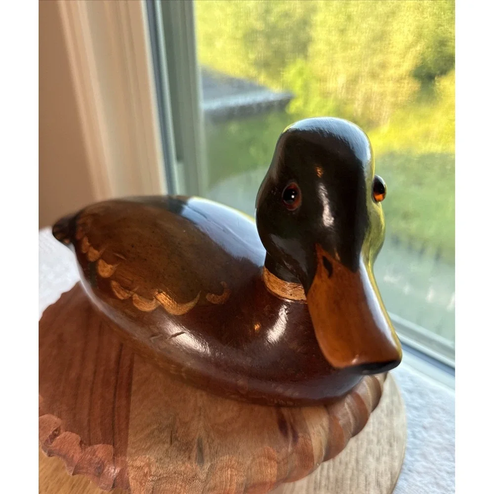 Vintage Hand Carved Painted Mallard Duck Decoy Wood Glass Eyes Folk Art Decor